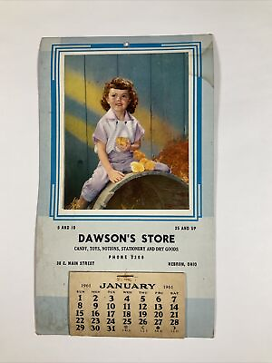 #ad 1961 Hebron Ohio Dawson#x27;s Store Candy Toys Vintage Calendar Young Girl amp; Chicks