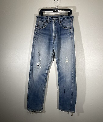 #ad Vintage Levis Jeans 502 Big E Red Tag 1970s 80s 32x34 Selvedge Denim Destroyed