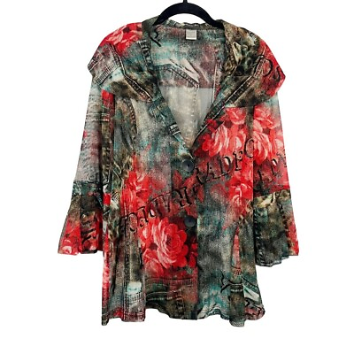 #ad Damee Inc Multicolor Red Floral Mesh Jacket Artsy Art to Wear Women#x27;s Size XL