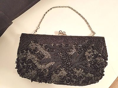 #ad #ad BIJOUX TERNER Evening Clutch Bag Black Beaded Sequin Satin Silver Chain Strap