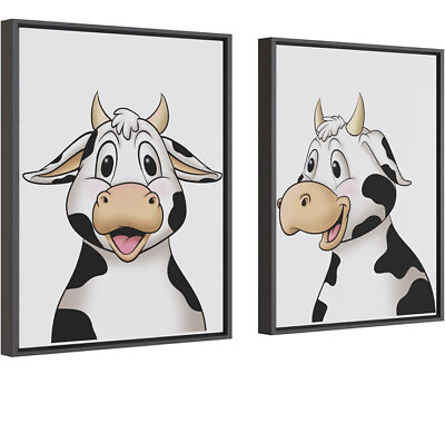 #ad Cow Pair Canvas Wall Prints Nursery Childs Bedroom 20x16” Framed Cute New In Box