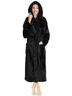 #ad Womens Hooded Bathrobe Ladies Fluffy Sherpa Spa Long Robe Shawl Collar Soft Warm