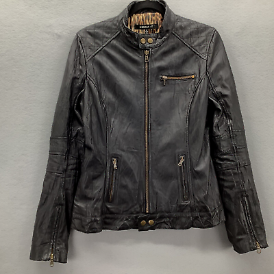 #ad Bomber Biker Moto Jacket Large Dark Soft Leather Zip Sleeves Mock Neck Kenna T