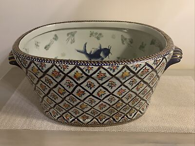 #ad Large Antique Chinese Koi Fish Oval Foot Bowl Or Wash Bowl Beautiful amp; RARE