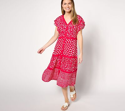 #ad Dennis Basso Women#x27;s Dress Sz XS Mixed Print Rayon Tiered Pink A644399