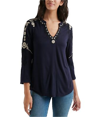 #ad Lucky Brand Womens Embroidered Sleeve Peasant Blouse Blue X Large