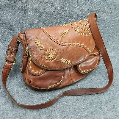 #ad Lucky Brand Bag Womens Crossbody Brown Leather Medium Embroidered Travel Boho