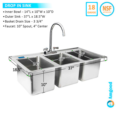 #ad Stainless Steel Drop Sink 3 Compartment Drop in Sink 10quot;x14quot;x10quot; NSF