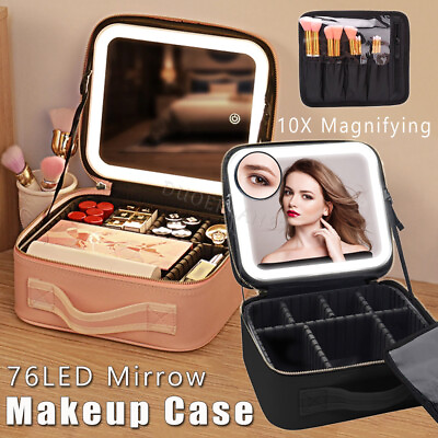 #ad Professional Travel Makeup Case Portable Cosmetic Organizer Bag w 76 LED Mirror
