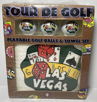 #ad Vtg Las Vegas Golf Balls amp; Hand Towel Gift Set Novelty Licensed McArthur NOS NIB