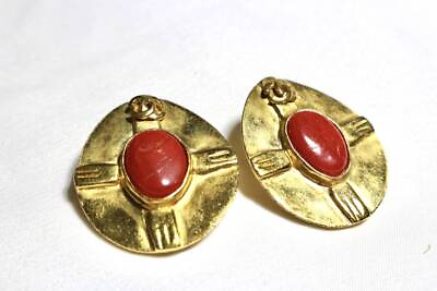 #ad CHANEL Earrings Red Stone CC Logo Oval Gold Plated 98P Vintage Clip on with Box