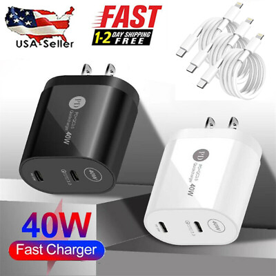 #ad 40W USB C PD Wall ChargerDual Ports Fast Charge BlockFor iPhone Samsung Xiaomi
