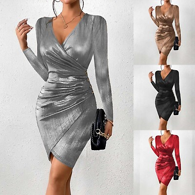 #ad Women#x27;s Sexy Long Sleeve Warp V Neck Ruched Bodycon Mini Party Cocktail Dress