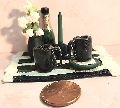 #ad Wine Flowers Candle Mugs Saucer amp; Doily 1pc Custom Clay Dollhouse Miniature