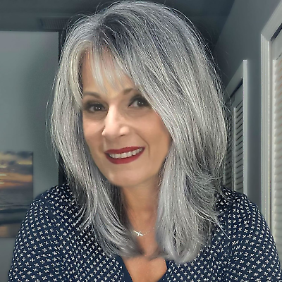 #ad Matthia Silver Grey Wigs for White Women Layered Gray Wavy Wig Highlight Hair