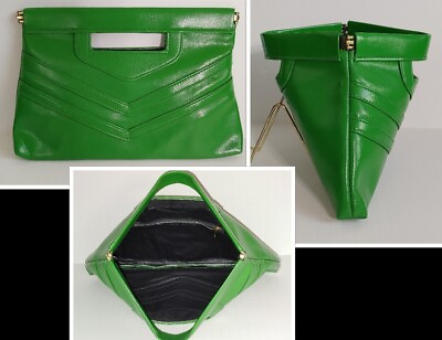 Vintage 90#x27;s Clutch Handbag Womens Green Faux Leather Hinged Retro Purse Bag
