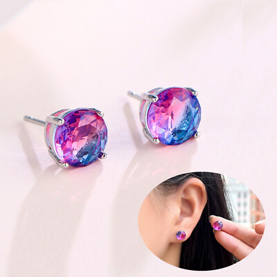#ad 8mm Women Cubic Zirconia Rainbow Colorful CZ Round Stud Earrings Jewellery Gift