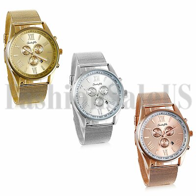 #ad Men#x27;s Gold Silver Black Tone Date Waterproof Luxury Stainless Steel Wrist Watch