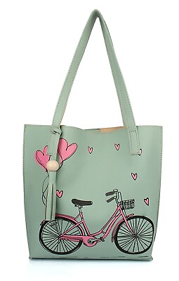 #ad New Women#x27;s Pu Material Tote Bag For Girls Stylish Handbag Cycle Print Mint