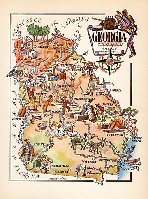 #ad 1950s Vintage Georgia State Map Vintage Animated Map of Georgia Picture Map 1434