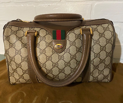 #ad Vintage Authentic GUCCI Boston Handbag Ophidia Web Stripe Brown GG Leather