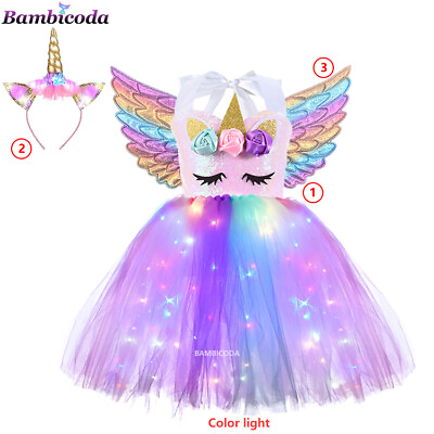 #ad Unicorn Princess Costume For Girls Shiny TUTU LED Glowing Dresses Wings Headband