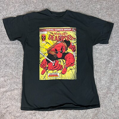 #ad Marvel Mens Shirt Large Black Gold Short Sleeve Deadpool Comic Graphic Tee Top