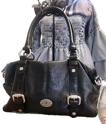 #ad FOSSIL Black Maddox Genuine Pebble LEATHER Handbag Satchel. Gorg but NO STRAP.