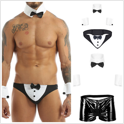 #ad Men Lingerie Waiter Tuxedo Cosplay Costume Briefs Underwear Bow Tie Collar Cuffs