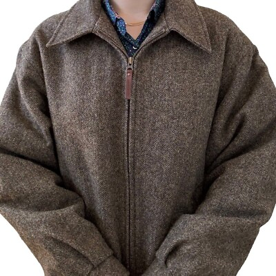 #ad Woolrich Mens Brown Tweed Herringbone Wool Western Chore Jacket Sz L