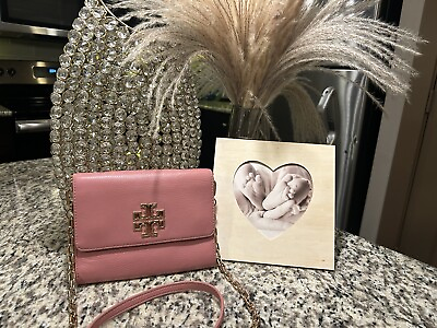 #ad tory burch crossbody bag Pebbled Leather Britten Chain Wallet Pink