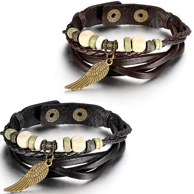 #ad Unisex Retro Angel Wing Wooden Bead Leather Cord Strand Bracelet Wristband