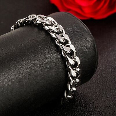 #ad 925 Sterling Silver Mens Bracelet Heavy Thick Cuban Link Chain Fashion For Men