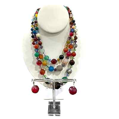#ad Anthropology Boho Multi Strand Agate Fasceted Sawroski Crystal Necklace Earrings