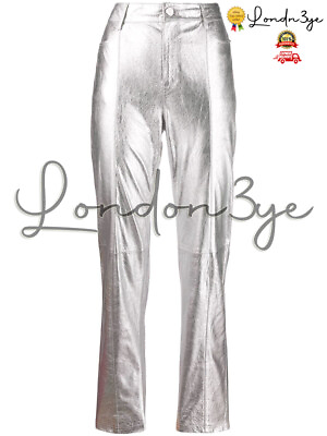 #ad Women Genuine Lambskin Trousers Metallic Pants Silver Leather Designer Bottoms