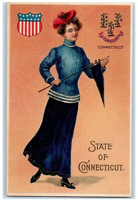 #ad c1910#x27;s Woman Holding Flag State Of Connecticut Embossed Antique Postcard