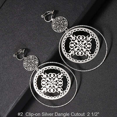 #ad Clip on 2 1 2quot; silver textured cutout filigree dangle hoop earrings