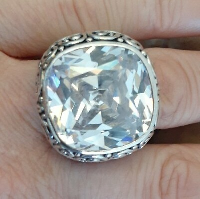 #ad HSN Designer Huge Faceted Rock Crystal Sterling Silver Overlay Ring Size 7