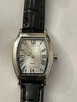 #ad VINTAGE LADIES SKC WATCH LUMINOUS SILVER DIAL w BLACK LEATHER BAND NEW WATCH