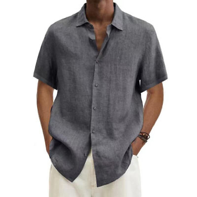 #ad Men Linen Style Short Sleeve Shirts Beach Casual Button Down Formal Dress Shirt