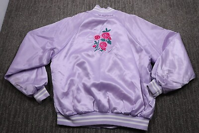 #ad Vintage 80#x27;s Satin Bomber Jacket Rose Embroidered Purple USA Made Women#x27;s Large