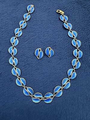 #ad David Anderson Sterling 925 Blue Leaf Enamel Necklace And Clip On Earring Set