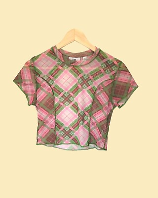 #ad The Ragged Priest Plaid Mesh Crop Top Tee S Green Pink See Through Rave 90s Y2K