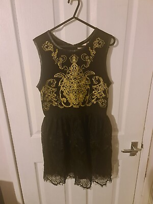 #ad Black and gold embroidered lace overlay dress by panacher brand new without tag