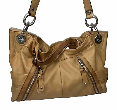 #ad B Makowsky Handbag Leather Hobo Shoulder Bag Purse Tan Front Zippers Satchel
