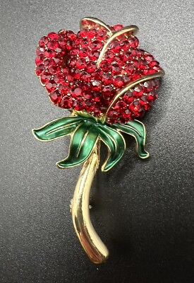#ad Monet Red Rhinestone Rose Flower Brooch Pin