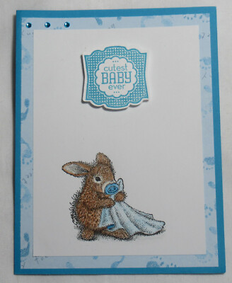#ad House Mouse Bunny Pacifier Handmade Card Happy Cutest Baby Ever Boy Blue Feet