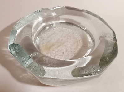 #ad Vintage Art Glass Crystal Ice Textured Ashtray MCM Large Heavy Thick