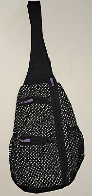 #ad Thirty One Sling Back Bag Backpack Adjustable Lil Scribble Black White Purple
