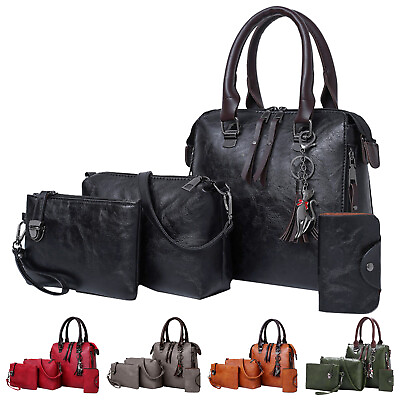 4pcs Vintage Women Handbag PU Leather Tote Messenger Bag Wallet Clutch w Tassel